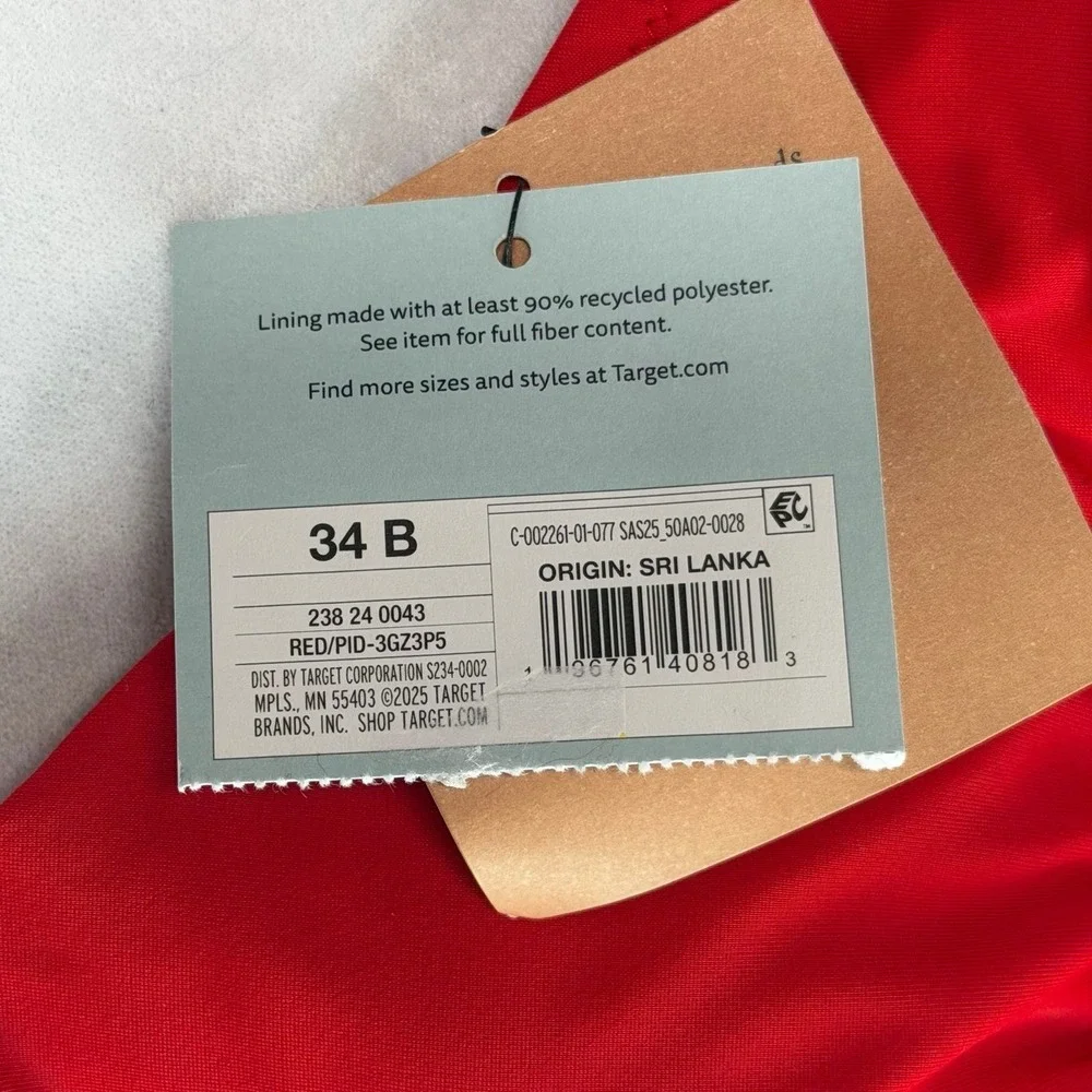 Shade & Shore Women's Bikini Top 34B Red Underwire Balconette Padded Inserts